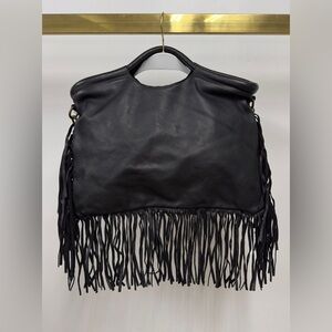 (086-BLK) FRINGE LEATHER HANDBAG WITH SHOULDER STRAP
